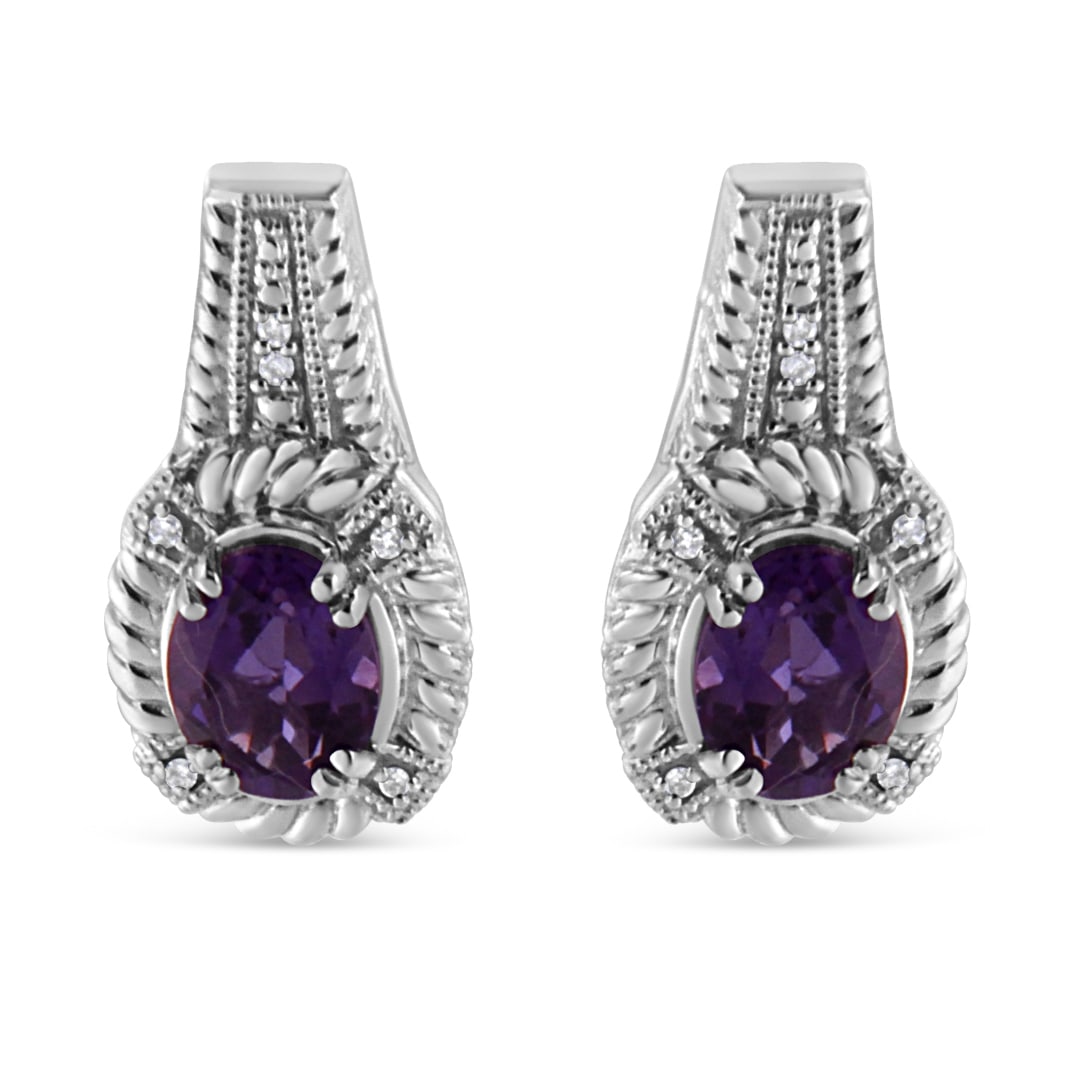 Elegant 2.55ct Amethyst & Diamond Accent Earrings: This is a pair of exquisite dangle earrings, adorned with 12 genuine round-cut diamond accents totaling 0. 05ct in a pave setting, radiating a subtle and sparkling allure. Additionally, each earring f