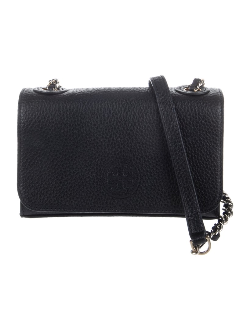 Tory Burch Black Leather Chain-link Crossbody Bag: Condition is very good, pre-owned. Details: black leather, gold-tone hardware, single shoulder strap, chain-link accents & single exterior pocket, canvas lining & single interior pocket with card slot