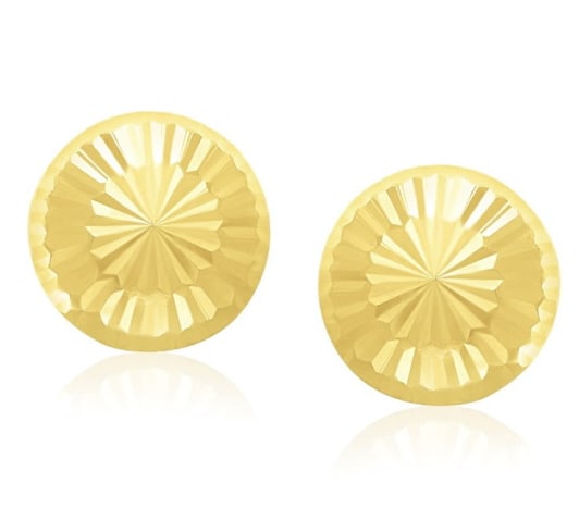 14k Gold Textured Flat Style Stud Earrings: Tiny and dainty, these flat stud earrings are designed with sunburst inspired diamond cut surface. Positively lovely in 14k gold. Earring information: length: 0. 25 inches, width: 0. 25 inches, backin