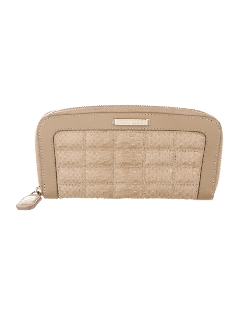 Jimmy Choo Neut Leather Exposed Continental Wallet: Condition is: very good, pre-owned. Details: neutrals leather, printed, gold-tone hardware, leather lining & single interior pocket with card slots, exposed zip closure, includes box & dust bag, heigh
