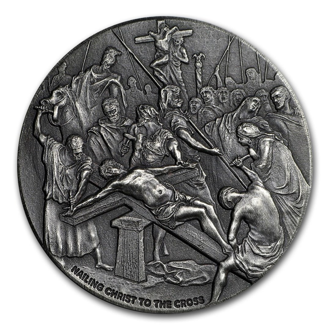 2017 2 Oz Silver Nailing Christ To Cross: This 2017 silver nailing christ to the cross coin is the second release in scottsdale mint's biblical series, featuring a powerful depiction of christ being nailed to the cross. This coin contains 2 o