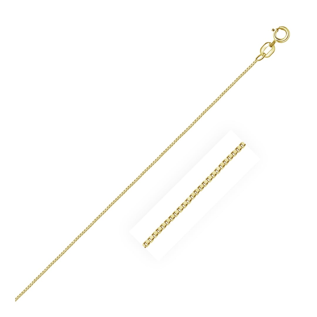 14k Gold Classic Box Chain 0.6mm: Size: 16''. This classic box chain comes in 14k gold and has a width of 0. 6 millimeters. Chain information: chain type: box, approximate weight: 0. 9 gram(s).