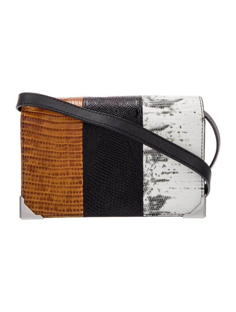 Alexander Wang Black & Brown Leather Msgr Bag: Condition is: very good, pre-owned. Details: black & brown leather, printed, silver-tone hardware, single adjustable shoulder strap, twill lining, flap closure at front, shoulder strap drop max: 24",