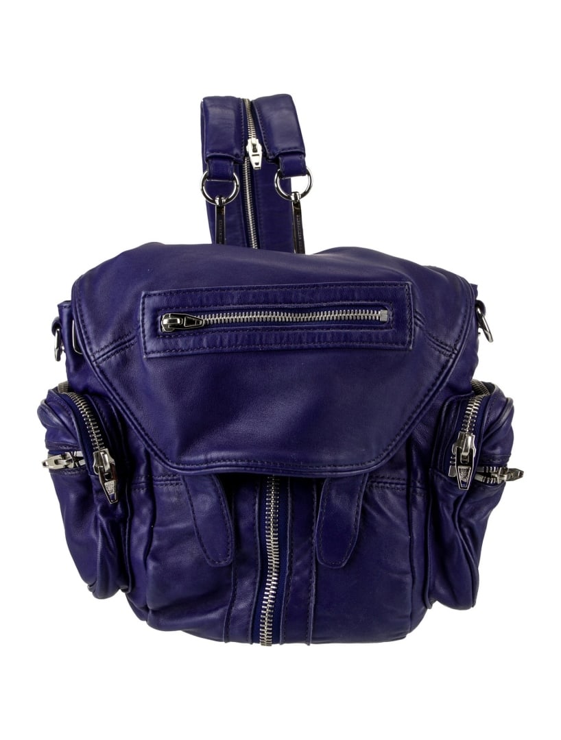 Alexander Wang Purple Leather Adj-strap Backpack: Condition is: very good, pre-owned. Details: purple leather, silver-tone hardware, dual adjustable shoulder straps, nylon lining, flap & snap closures at front, shoulder strap length: 28. 25", height:
