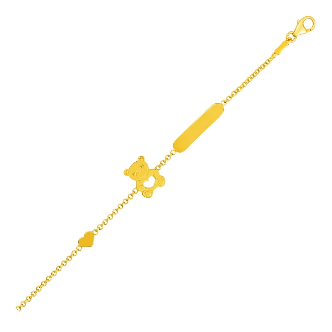 14k Gold Heart & Teddy Bear Children's Bracelet: Size: 6''. A happy teddy bear plays with a heart and polished bar on this fun and playful 14k gold children's bracelet. Bracelet is 6 inches and closes with a lobster clasp. Bracelet information: chai