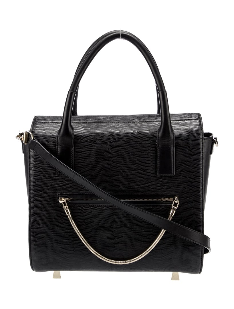 Alexander Wang Black Leather Snap Cls Top Hdl Bag: Condition is: good, pre-owned. Details: black leather, gold-tone hardware, rolled handles & single adjustable shoulder strap, nylon lining & three interior pockets, snap closure at top, protective fee