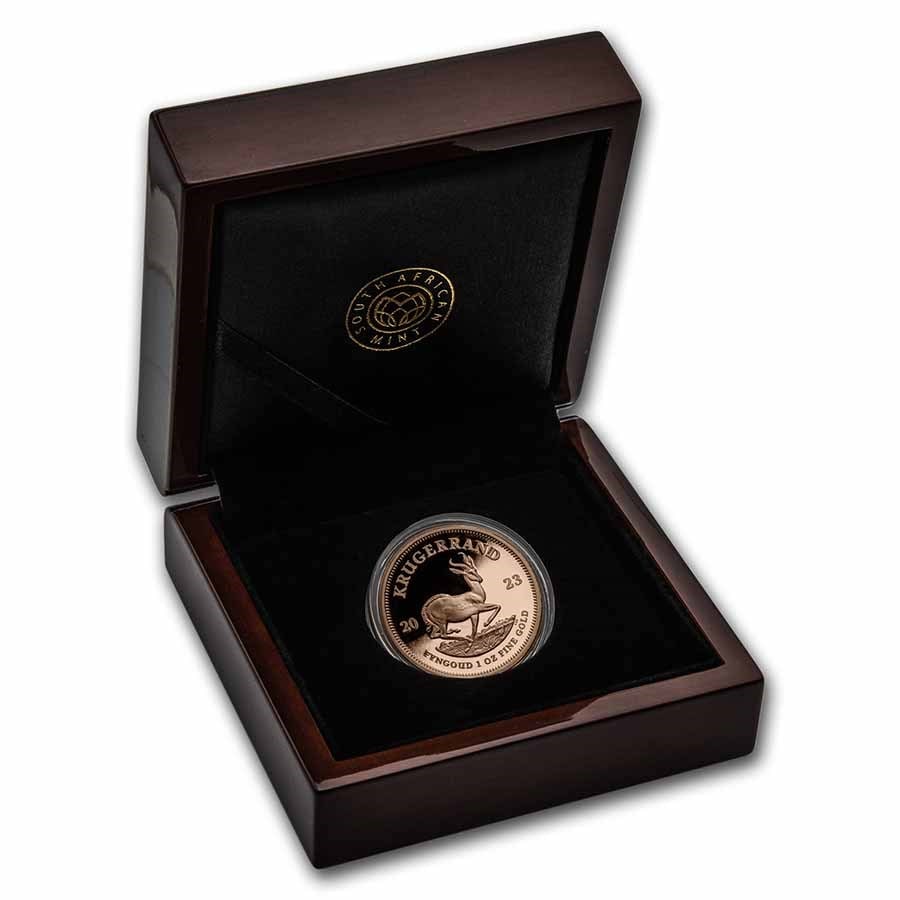 2023 South Africa 1 Oz Proof Gold Krugerrand: The 1 oz gold krugerrand's classic size has been central to the krugerrand collection for over 50 years. Contains 1 oz of gold. Mintage of 2,000 coins worldwide. Comes in a box along with a certificat