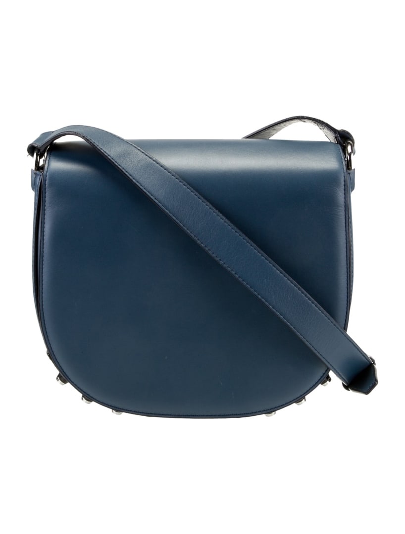 Alexander Wang Blue Leather Studded Crossbody Bag: Condition is: good, pre-owned. Details: blue leather, silver-tone hardware, flat handles & single shoulder strap, studded accents & single exterior pocket, nylon lining & three interior pockets, snap