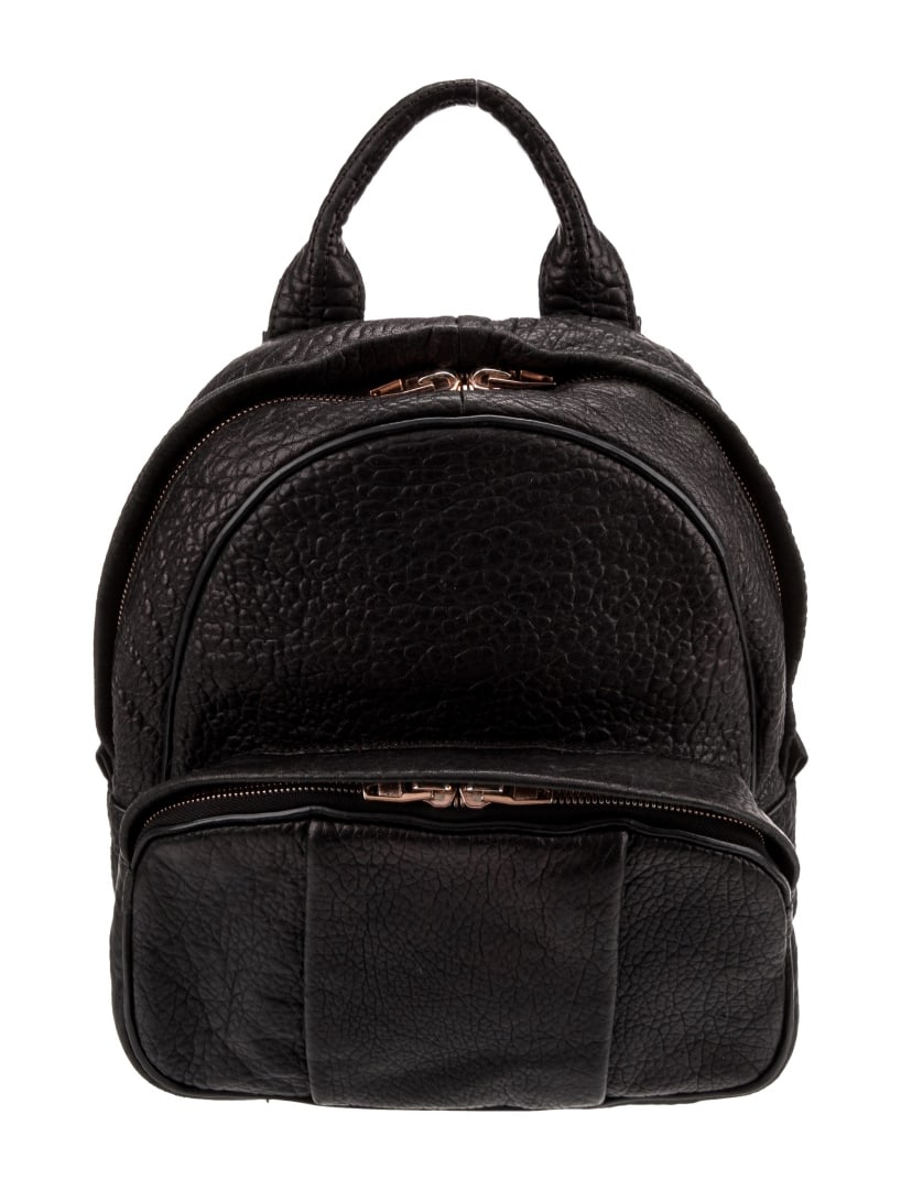 Alexander Wang Black Leather Rose Studded Backpack: Condition is: good, pre-owned. Details: black leather, rose gold-tone hardware, rolled handle & dual adjustable shoulder straps, studded accents & single exterior pocket, nylon lining & dual interior
