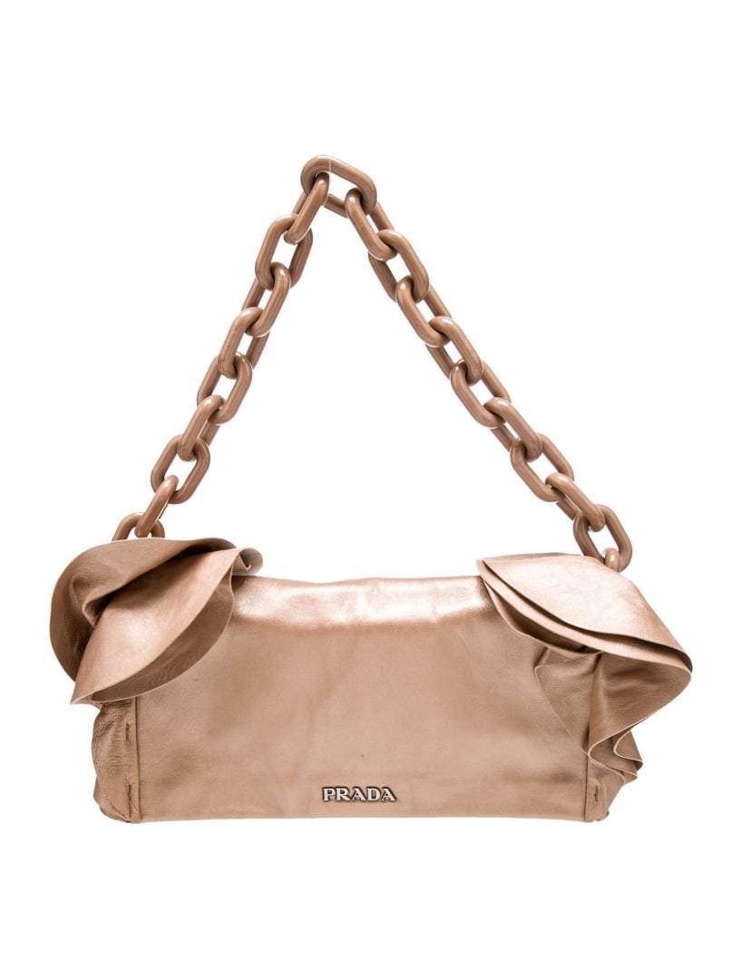 Prada Brown & Metallic Nappa Leather Shoulder Bag: Condition is: good, pre-owned. Details: brown & metallic nappa leather, silver-tone hardware, chain-link handle & chain-link shoulder strap, ruffle embellishment, logo jacquard lining & single interio