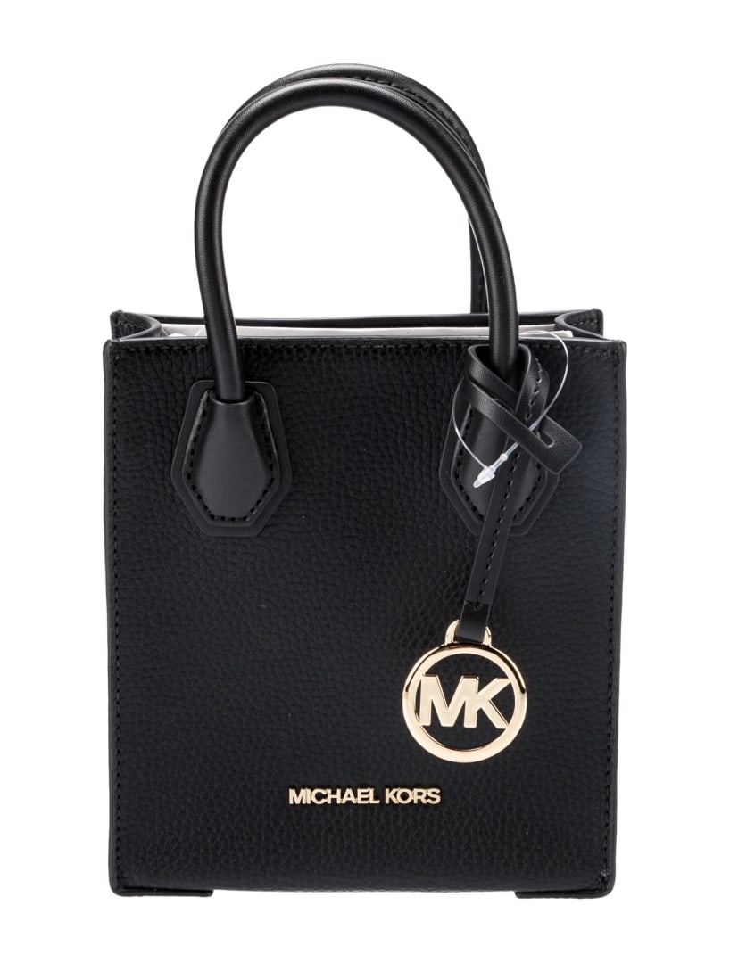 Michael Kors Black Leather Snap Cls Top Hdl Bag: Condition is: pristine, pre-owned. Details: black leather, printed, gold-tone hardware, rolled handles & single adjustable shoulder strap, logo jacquard lining & single interior pocket with card slots