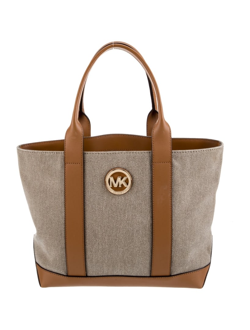 Michael Kors Brn Leather Gold-tone Hdw Shldr Bag: Condition is: very good, pre-owned. Details: brown leather, gold-tone hardware, logo jacquard lining, open top, height: 10. 5", width: 12", depth: 4. 75", gender: women. Condition: minor residue at in
