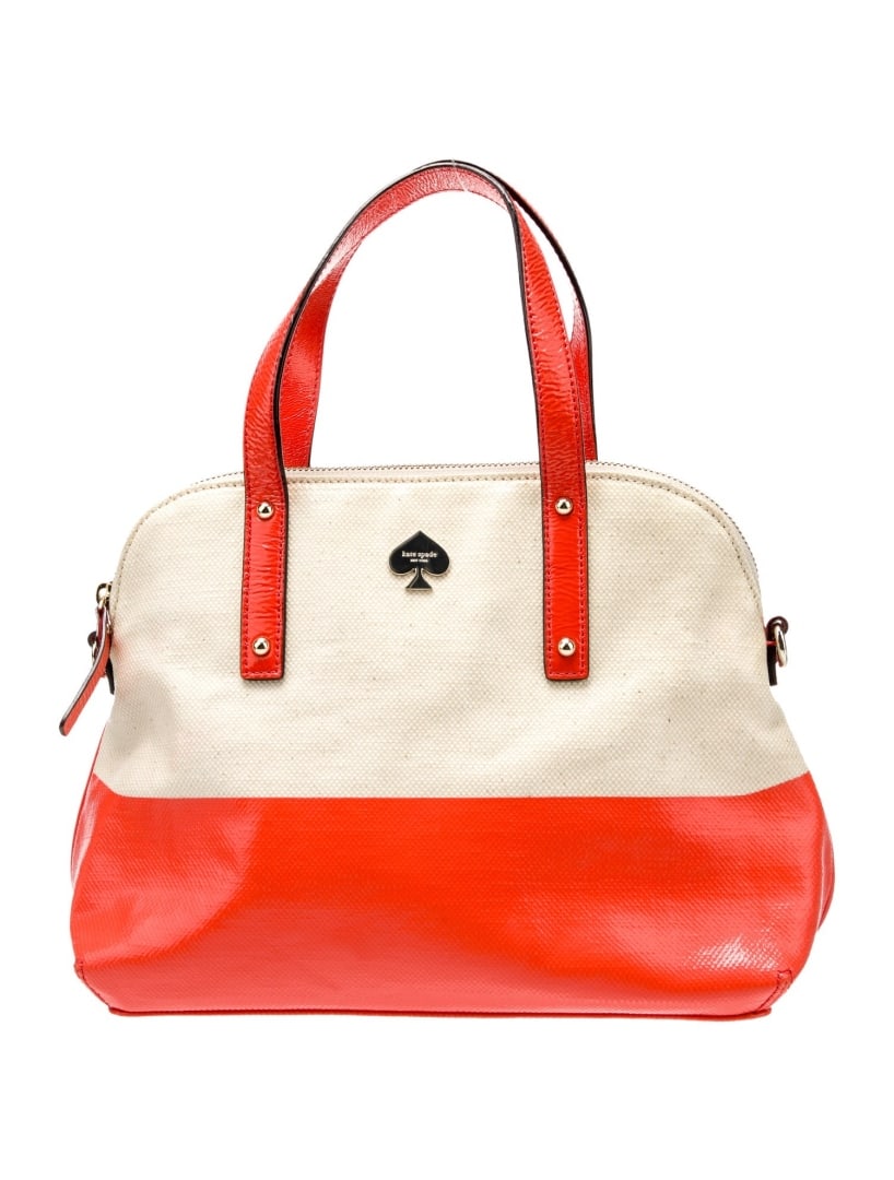 Kate Spade Neut & Orange Canvas Top Handle Bag: Condition is: very good, pre-owned. Details: neutrals & orange canvas, colorblock pattern, gold-tone hardware, single adjustable shoulder strap, jacquard lining & three interior pockets, zip closure a