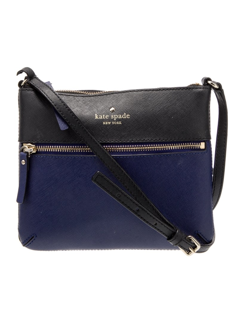 Kate Spade Blue Lthr Gold-tone Hdw Crossbody Bag: Condition is: good, pre-owned. Details: blue leather, gold-tone hardware, single adjustable shoulder strap, single exterior pocket, jacquard lining & single interior pocket, zip closure at top, should