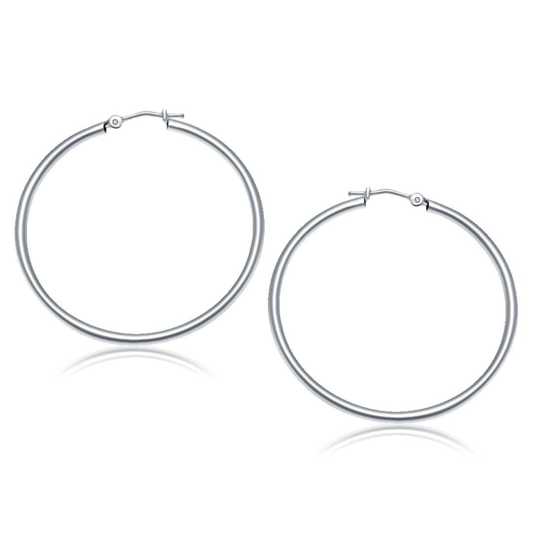 14k White Gold Polished Hoop Earrings 40mm: These timeless hoop earrings crafted in 14k white gold and measure 40 millimeters in diameter, featuring a snap lock backing. Earring information: length: 1. 57 inches, width: 0. 08 inches, diameter: 