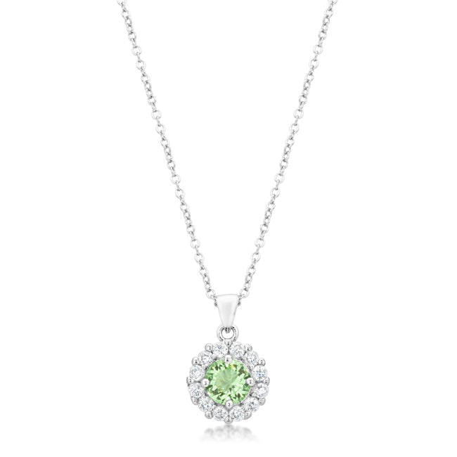 Round 3.28ct Peridot & White Topaz Necklace: Chain length: 17. 5" + 3" ext. This classic pendant features a stunning round peridot at its center, surrounded by pave-set white topaz stones totaling 3. 28 carats. Crafted from lead-free alloy (bras