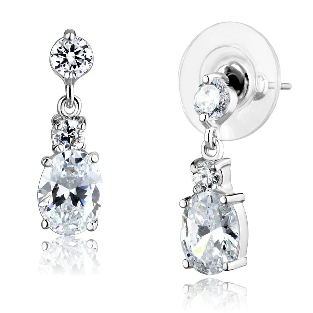 Round & Oval 3.20ct White Sapphire Drop Earrings: Weight: 2. 65 (g). A beautiful piece, features a rhodium finish brass earrings imbued with white sapphire. A must have to your collection or gift for your loved ones! Made with brass. Rhodium finish. 