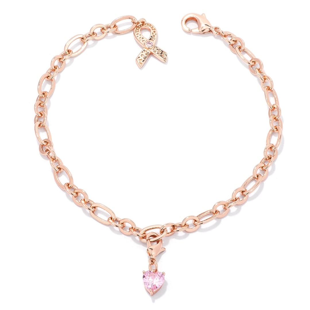 Gold-pl. Heart .015ct Pink Quartz Charm Bracelet (1 of 2)