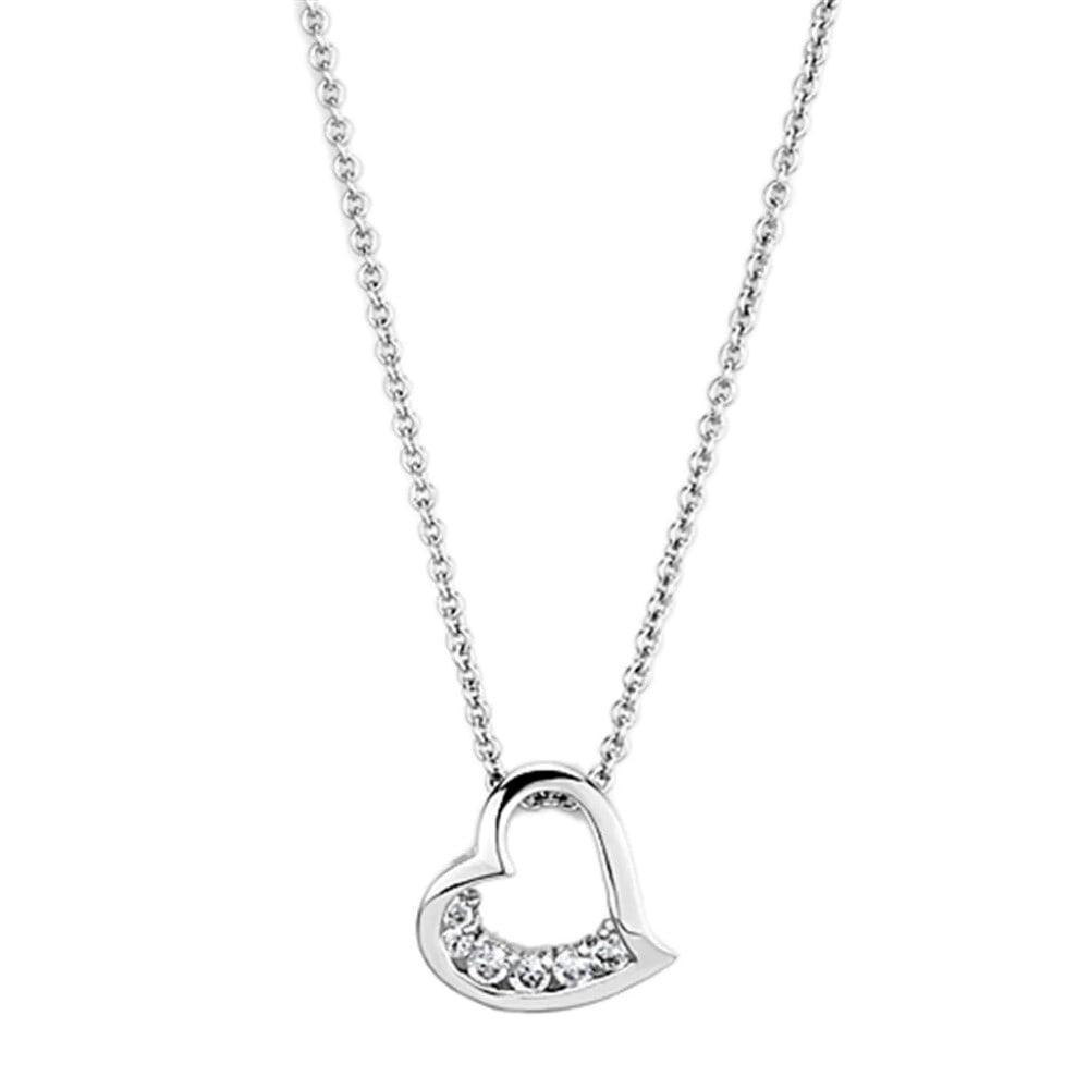 Round .13ct White Sapphire Open Heart Necklace: Length: 16". Weight: 2. 50 (g). A beautiful piece, features a rhodium finish brass chain & pendant with a open heart design imbued by white sapphire. A must have to your collection or gift for your lo