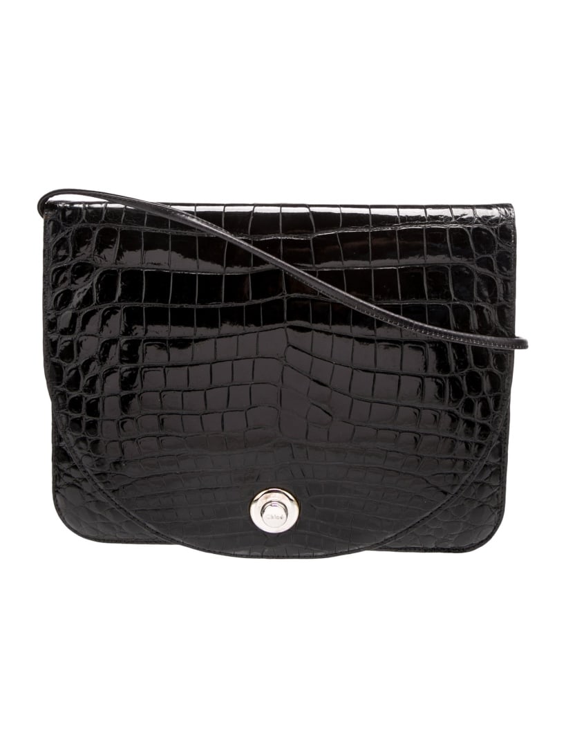 Chloe Blk Crocodile Silver-tone Hdw Crossbody Bag: Condition is: good, pre-owned. Details: black crocodile, silver-tone hardware, single shoulder strap, dual exterior pockets, suede lining & single interior pocket, snap closure at front, shoulder stra