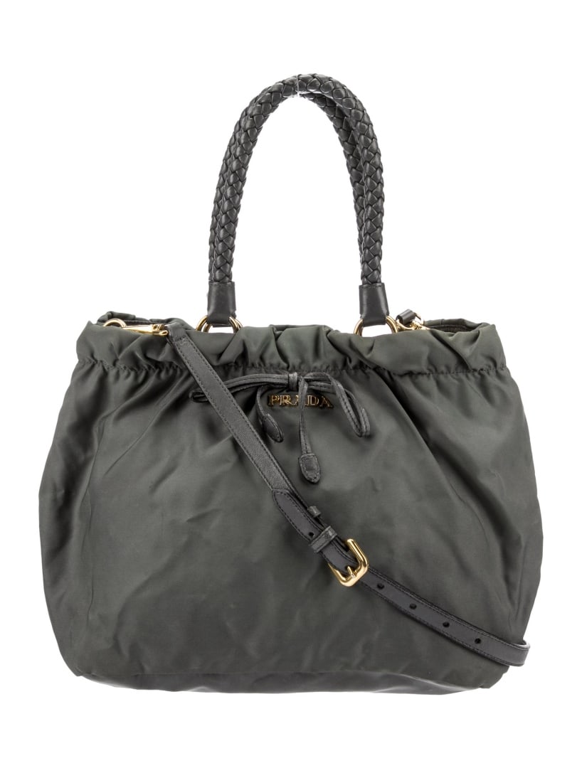 Prada Logo Jac. Leather & Bow Snap Cls Top Hdl Bag: Condition is: good, pre-owned. Details: grey tessuto, gold-tone hardware, leather trim, rolled handles & single adjustable shoulder strap, leather & bow accents, logo jacquard lining & single interior