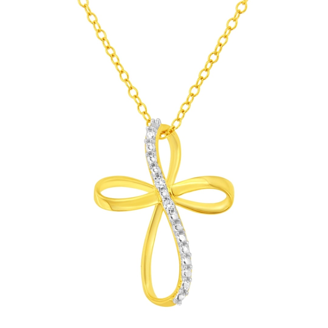 10k Gold-pl .02ct Diamond Cross Ribbon Necklace (1 of 5)