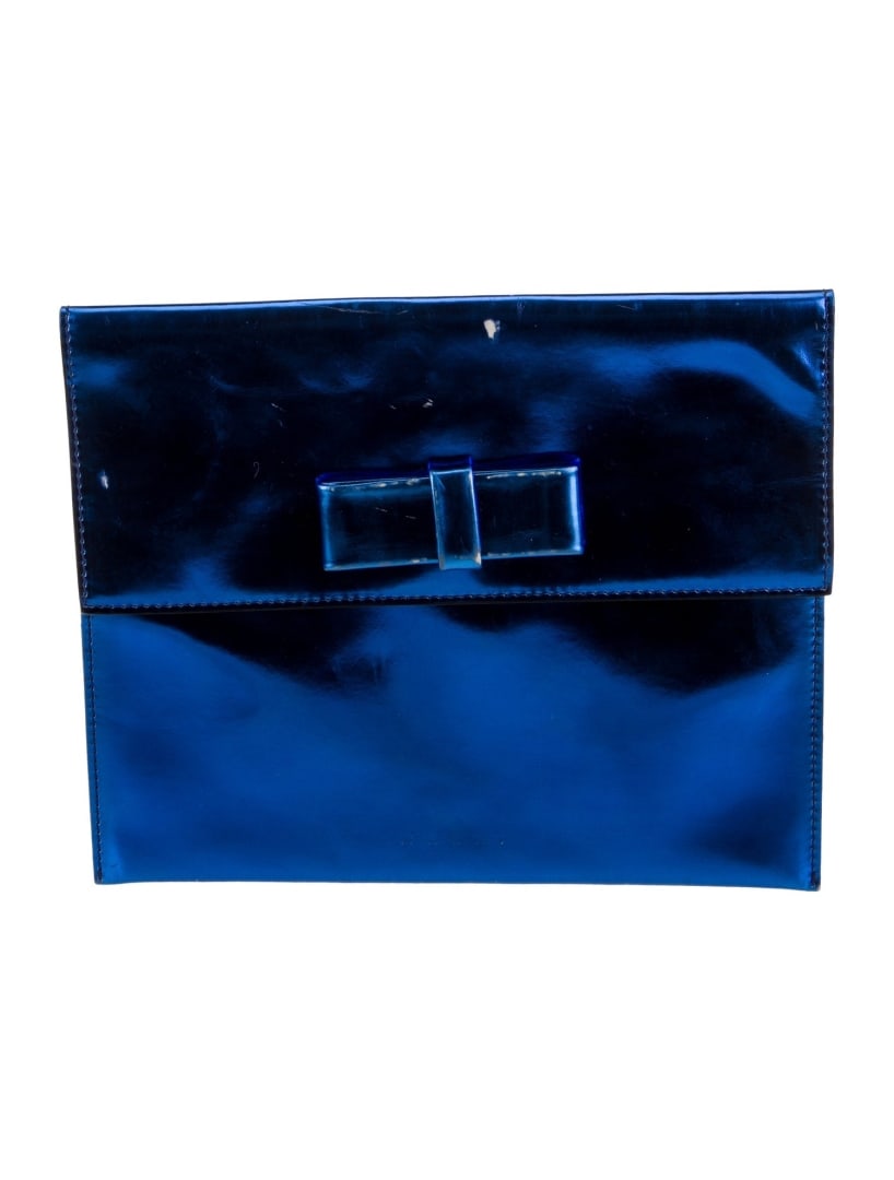 Marni Blue Metallic Leather Snap Shoulder Bag: Condition is good, pre-owned. Details: blue & metallic leather, silver-tone hardware, canvas lining, snap closure at front, height: 8. 5", width: 10. 25", depth: 0. 5", gender: women. Moderate balding