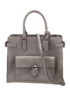 Michael Kors Grey Saffiano Leather Shoulder Bag: Condition is: very good, pre-owned. Details: grey saffiano leather, silver-tone hardware, rolled handles & single adjustable shoulder strap, chain-link accents & single exterior pocket, logo jacquard