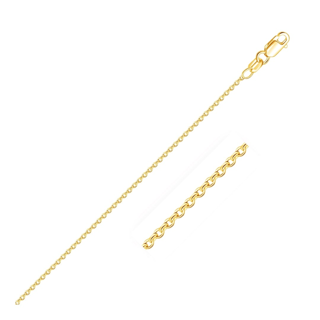 18k Gold Round Cable Link Chain 1.5mm: Size: 16''. This round cable link chain comes in 18k gold and has a width of 1. 5 mm. Chain information: width: 0. 06 inches, chain type: cable, clasp type: lobster-claw, approximate weight: 2. 7 gram