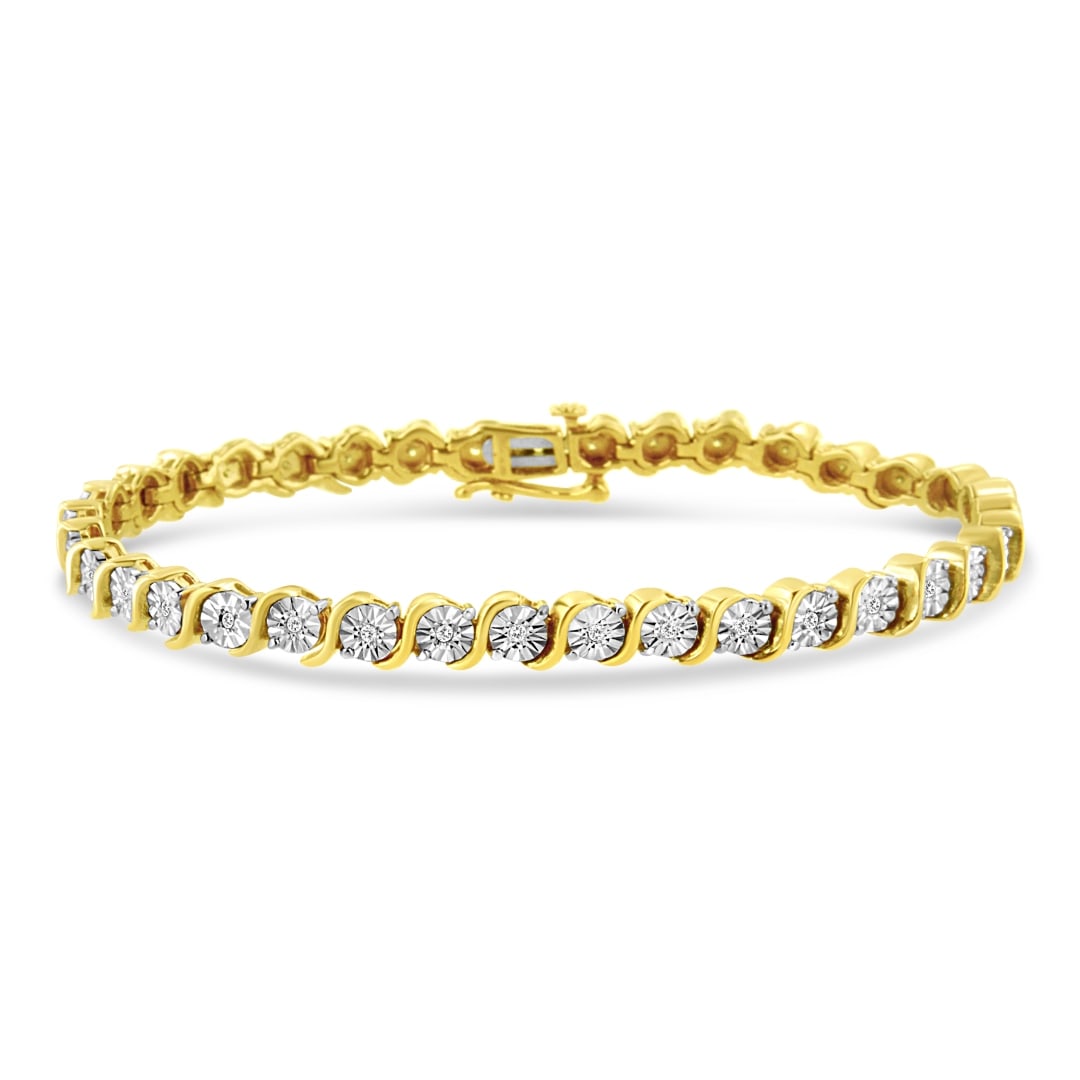 14k Gold-pl .25ct Diamond S-link Tennis Bracelet: Length: 7". This tennis bracelet is adorned with 37 genuine round brilliant cut white diamonds, totaling 0. 25 carats, which radiates a captivating sparkle. Each diamond is delicately set in a faceted