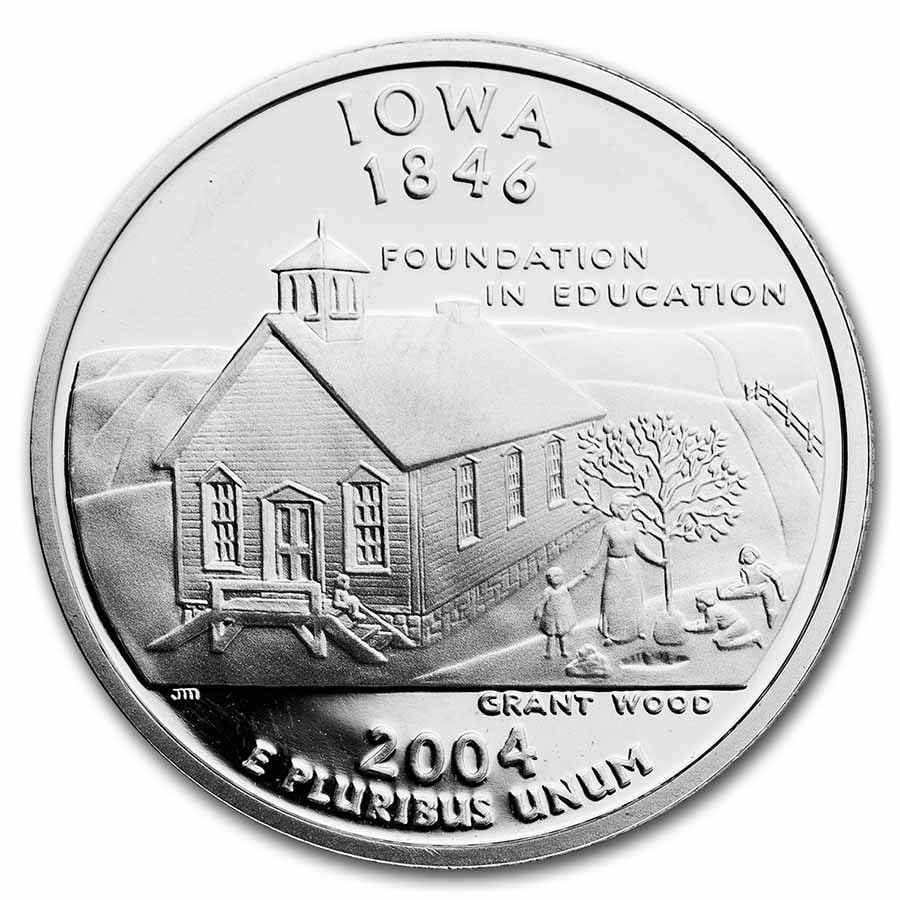 2004-s Iowa State Quarter Silver Gem Proof: This is the 29th coin to be released in the 50 state quarter program. The reverse of this coin depicts the foundation in education, featuring a student in a tree next to a one-room schoolhouse with a