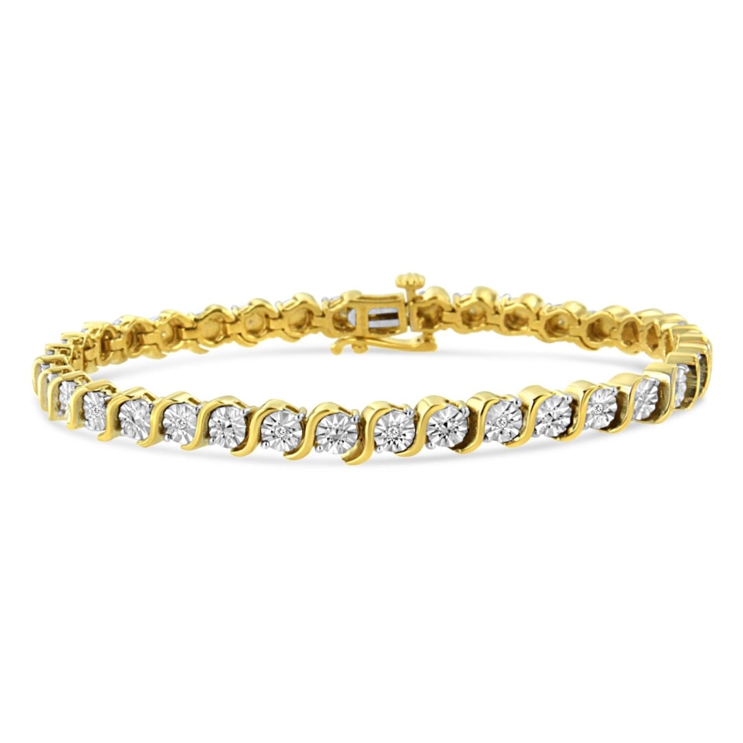 14k Gold-pl .10ct S-link Tennis Bracelet: Length: 7". This stunning piece features 18 natural round-cut diamonds, expertly set using the "miracle" technique. With a total carat weight of 0. 10 carats, these diamonds radiate a captivating spar