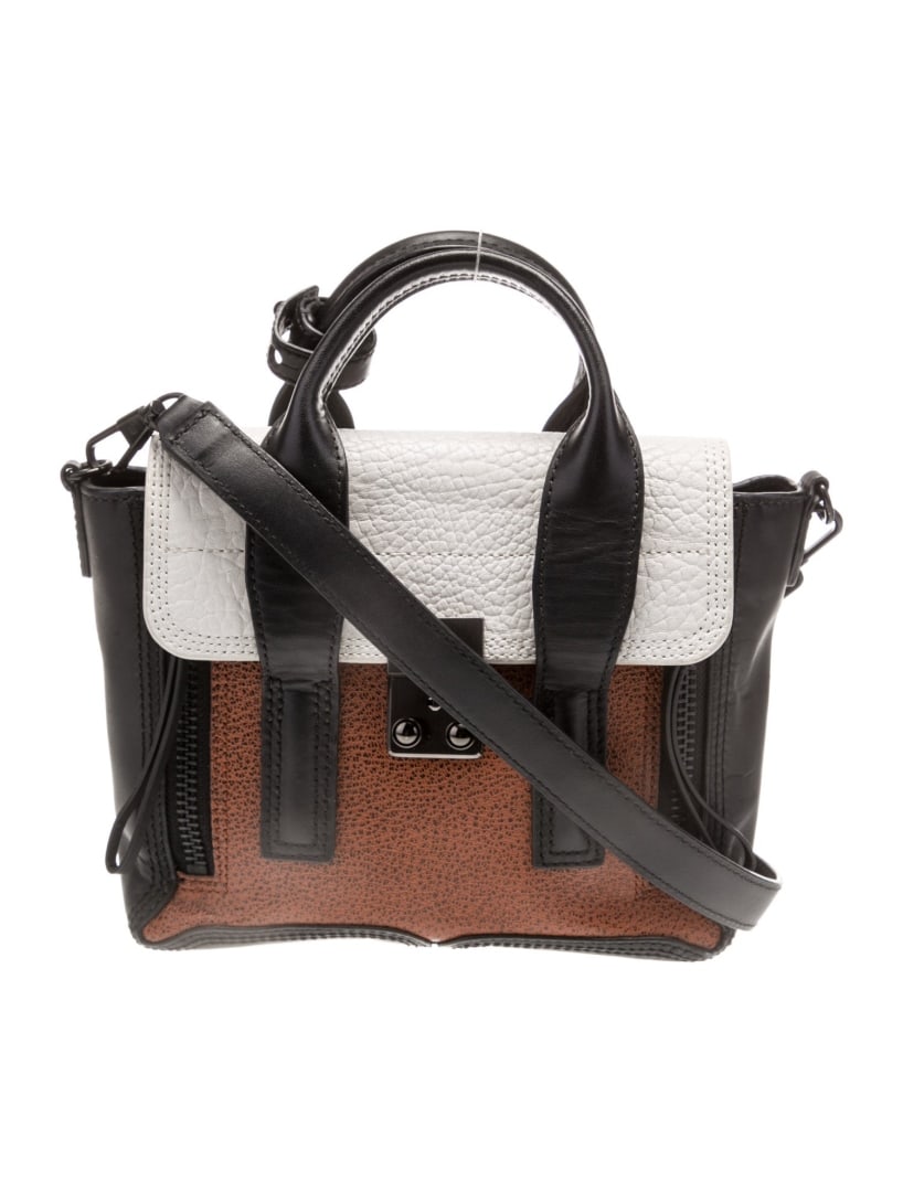 3.1 Phillip Lim Leather Gunmetal Hdw Top Hdl Bag: Condition is: very good, pre-owned. Details: black leather, colorblock pattern, gunmetal hardware, flat handles & single adjustable shoulder strap, single exterior pocket, canvas lining & single inter
