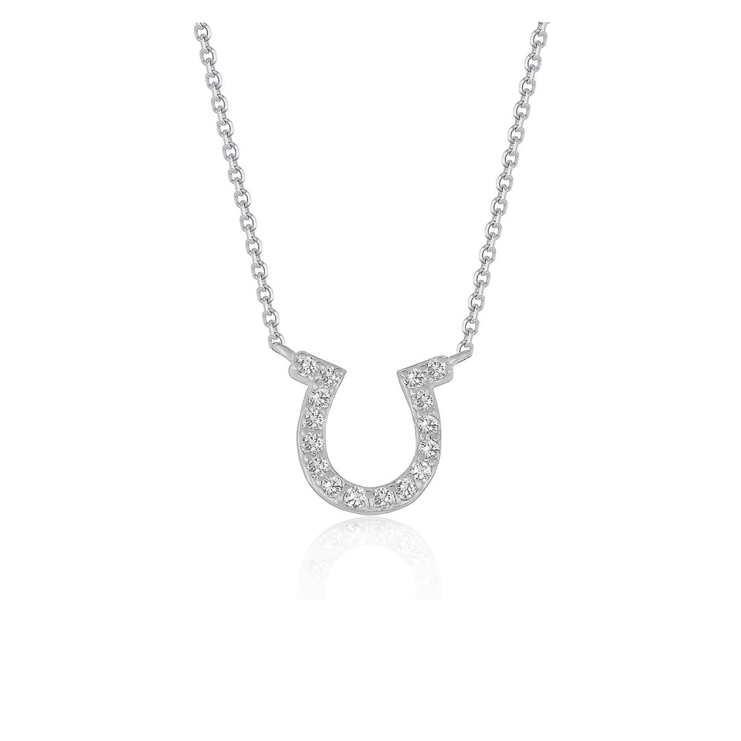 14k Wgold .15ct Diamond Horseshoe Design Necklace: Chain length: 16''. This classic diamond horseshoe design pendant features a 16 inches cable chain. Made of 14k white gold, this comes with a lobster lock. Necklace information: length: 0. 40 inches, 