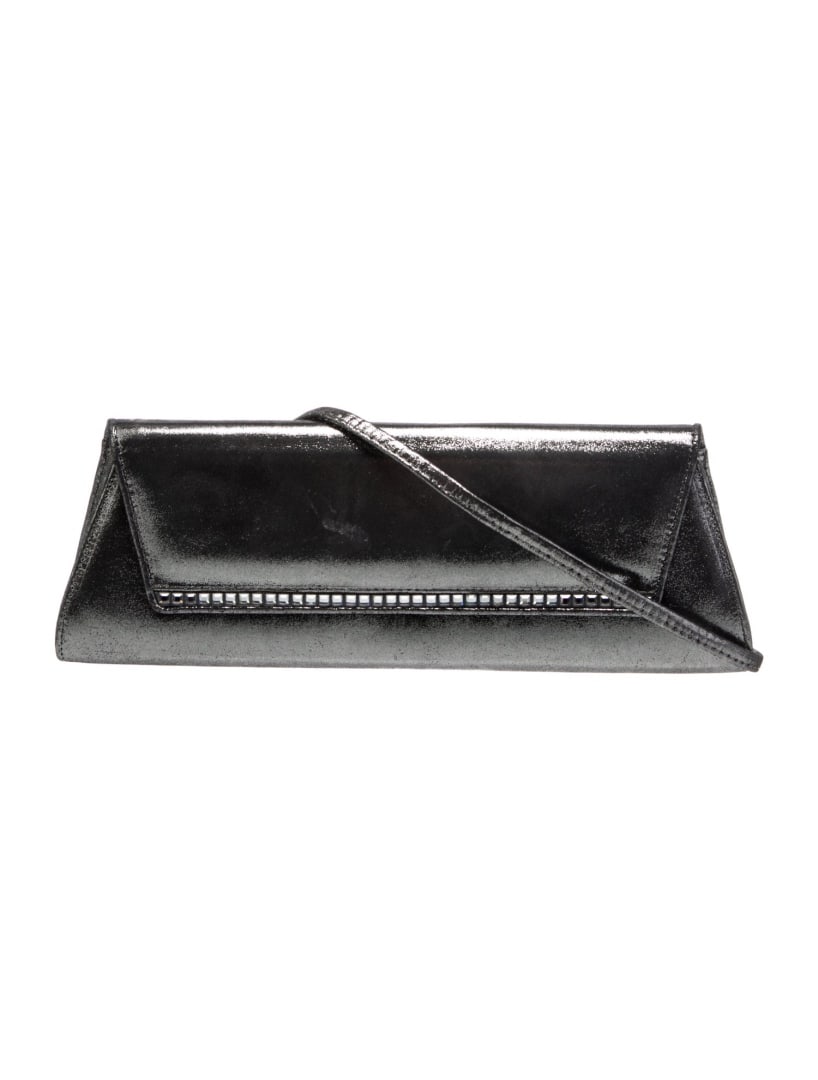 Stuart Weitzman Silver Leather Gunmetal Hdw Clutch: Condition is very good, pre-owned. Details: silver leather, gunmetal hardware, single shoulder strap, crystal embellishments, logo jacquard lining & single interior pocket, snap closure at front, shou