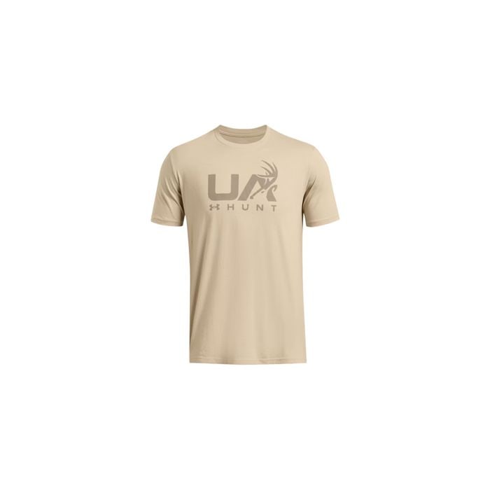 Under Armour Men's Large Antler Hunt T-shirt Khaki: This ua antler hunt logo t-shirt in khaki base/timerwolf taupe, size large, offers all-day comfort with its super-soft cotton-blend fabric. The ribbed collar enhances durability, and the lightweight m