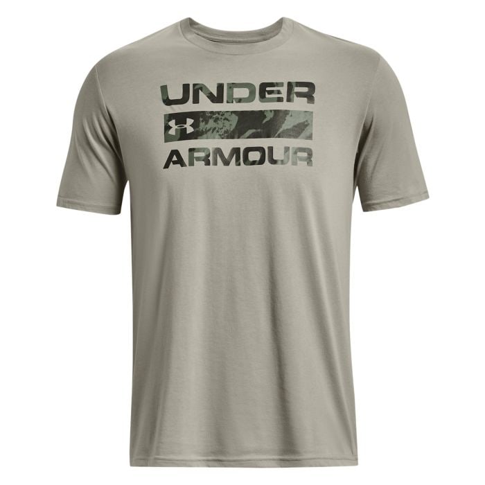 Under Armour L Men's Stacked T-shirt Grove Green: This stacked logo fill t-shirt in grove green color, in large size, is made with super-soft cotton-blend fabric for all-day comfort. Featuring a ribbed collar, it offers a lightweight, soft, and quick