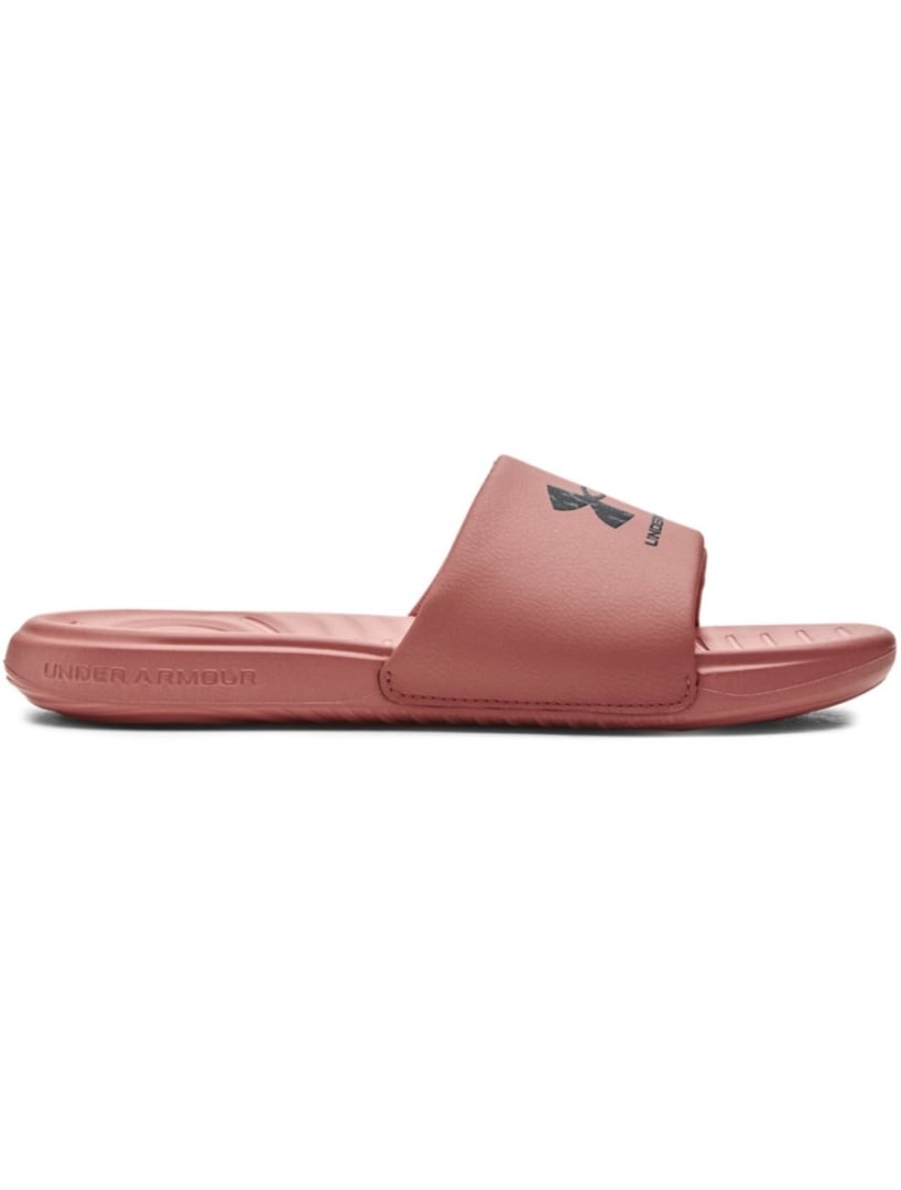 Under Armour Size 8 Red Fusion Graphic Logo Slides: These slides feature a fixed strap with added foam underneath for an extra comfortable fit. The drop-in eva footbed provides cushioning for your underfoot, ensuring a plush feel. With an eva outsole,