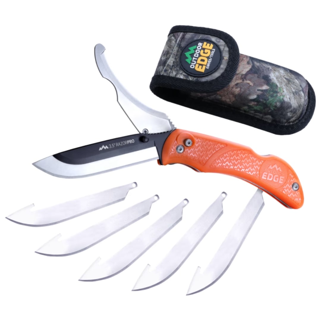 Outdoor Edge Razor-pro Double Blade Knife: This outdoor edge razor-pro g (orange) features a razor-sharp design with five 3. 5" replaceable blades. The blade holder provides the strength of a traditional knife while allowing safe blade changes