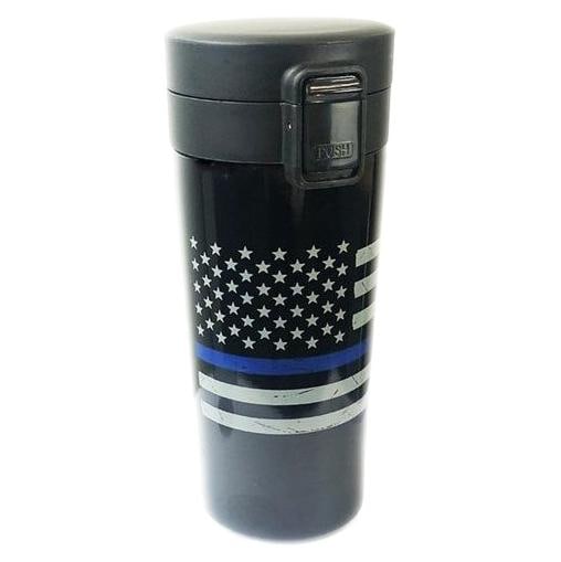 Thin Blue Line 12 Oz American Flag Tumbler: This thermal tumbler is made of durable, bpa-free plastic, showing support for law enforcement. Hand-washing is recommended to maintain its quality. Keywords: drinking tool, beverage, storage, hot & c