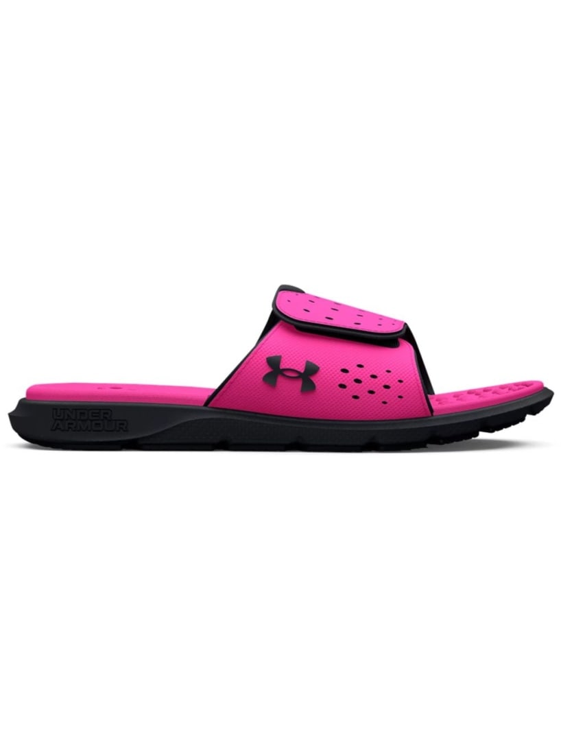 Under Armour Size 10 Rebel Pink Women's Slides: Adjustable synthetic-strap slides. Lined with soft foam for extra comfort and featuring perforations for breathability, they're perfect for all-day wear. The textured foam footbed sets a new standard