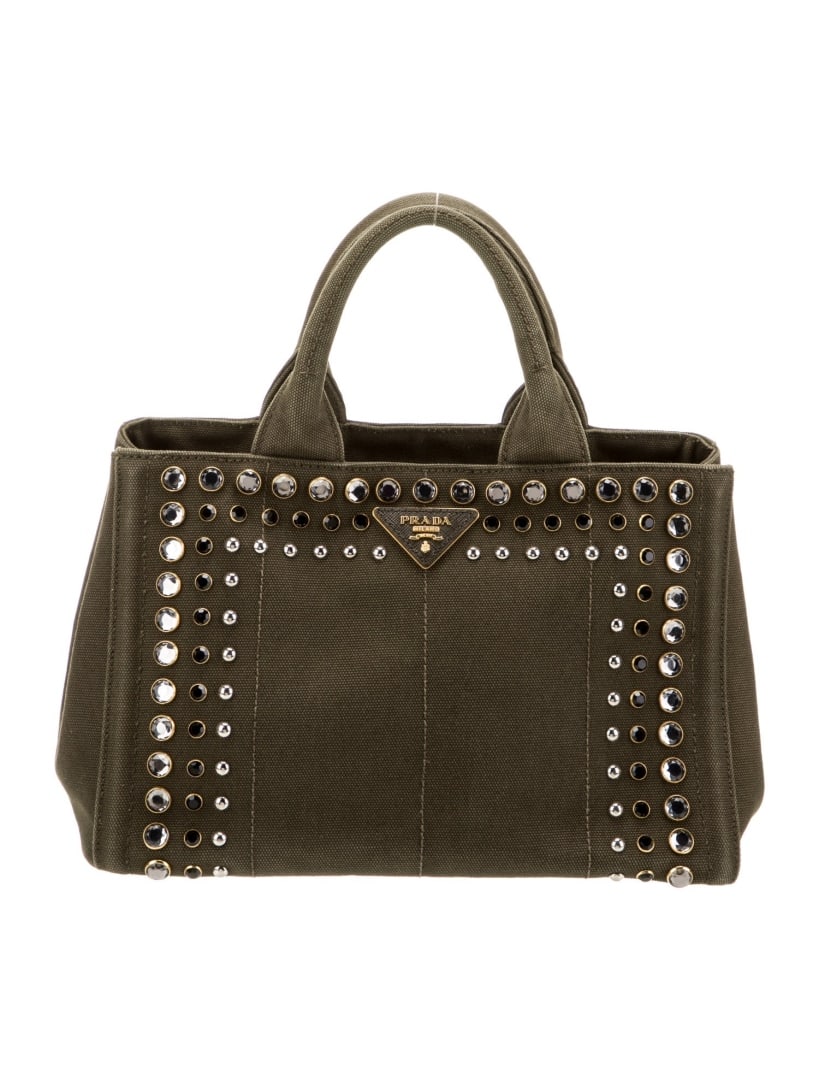 Prada Green Canvas Gold-tone Hdw Snap Top Hdl Bag: Condition is: very good, pre-owned. Details: green canvas, enameled metal triangle & canapa, gold-tone hardware, rolled handles, studded & crystal accents, canvas lining & four interior pockets, snap
