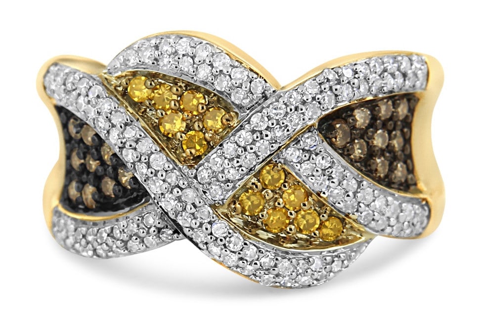 14k Gold .75ct Champagne & Yellow Diamond Ring: Ring size: 7. Amplify the aura of your feminine look with this graceful diamond ring. Fashioned in 14k solid yellow gold, this fashion ring is buffed with fine elegance of lustrous round-cut white and