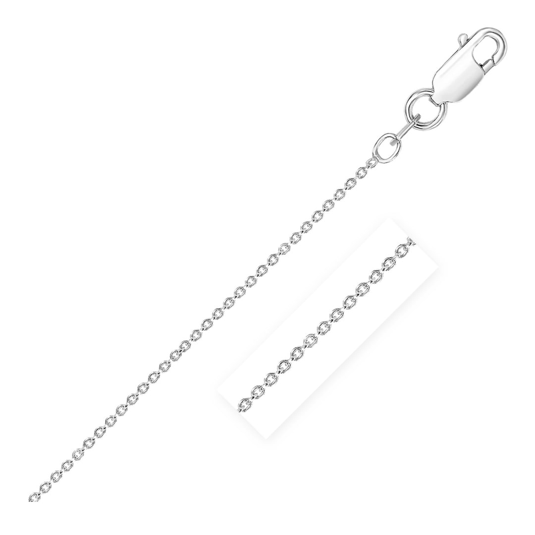 Sterling Silver Polished Round Cable Chain 2.1mm: Size: 18''. This rhodium-plated round cable chain comes in sterling silver and has a width of 2. 1 millimeters. Chain information: width: 0. 08 inches, chain type: cable, rhodium polish: yes, approxim