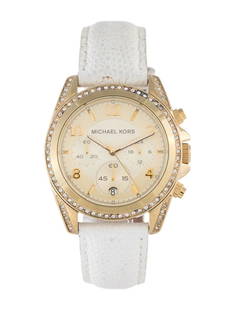 Michael Kors Classic Ss Gold Dial Qtz Women's 39mm: Condition is very good, pre-owned. Details: gold dial, tang buckle, fits a wrist size of 6. 5" or smaller, serial number: 11****, movement: quartz, complications: chronograph, 24-hour indicator, case