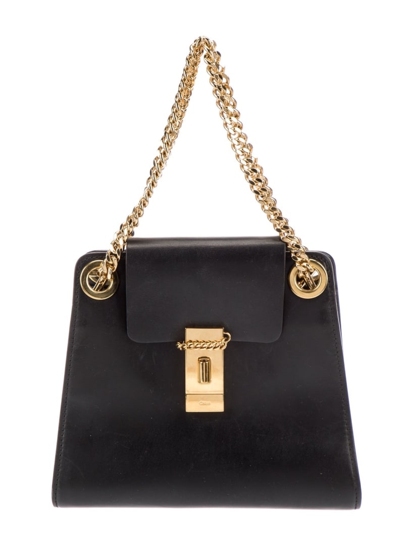 Chloe Black Leather Turn-lock Cls Top Hdl Bag: Condition is: very good, pre-owned. Details: black leather, gold-tone hardware, chain-link handles & chain-link shoulder straps, leather trim embellishment & single exterior pocket, canvas lining & si