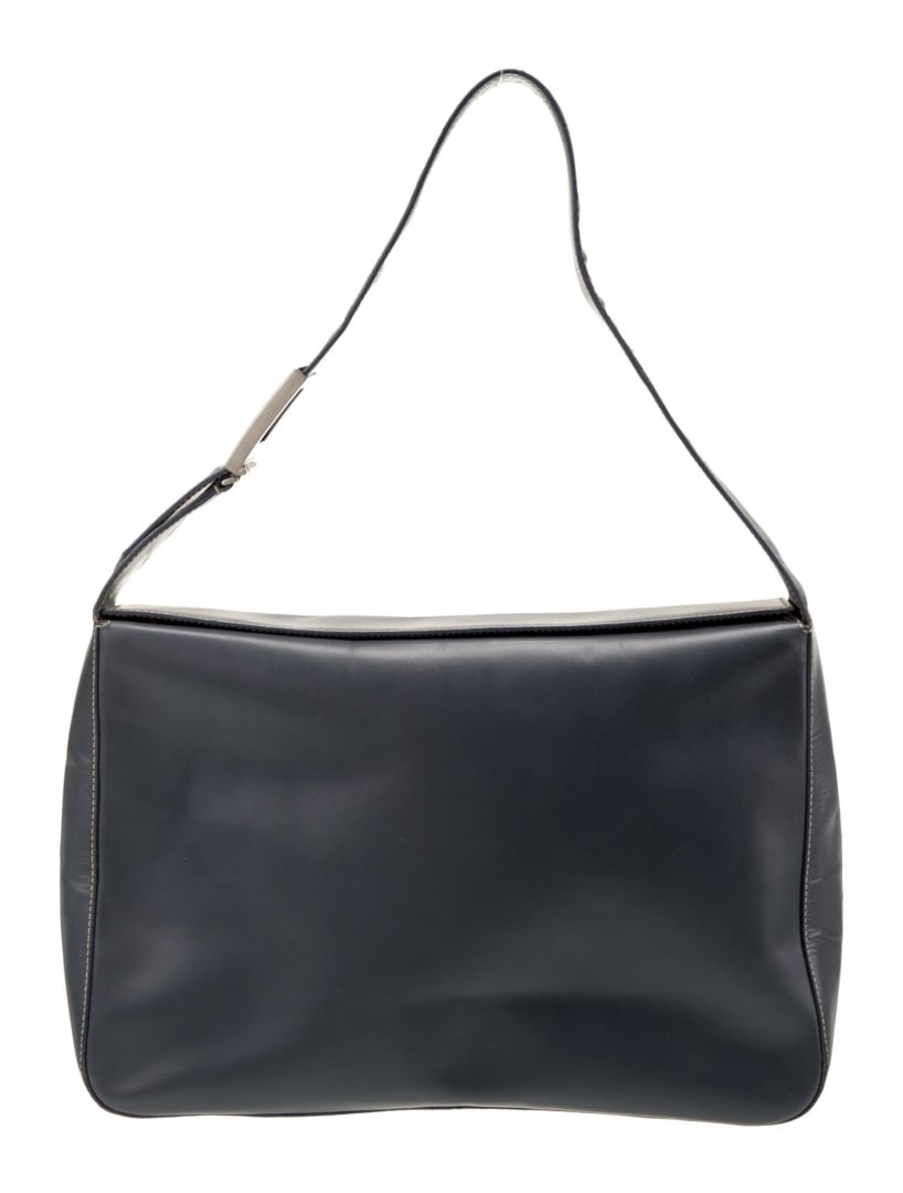 Prada Nero Spazzolato Leather Snap Cls Shldr Bag: Condition is: good, pre-owned. Details: nero spazzolato leather, silver-tone hardware, flat handle, logo jacquard lining & single interior pocket, snap closure at top shoulder strap drop: 8. 25", shou