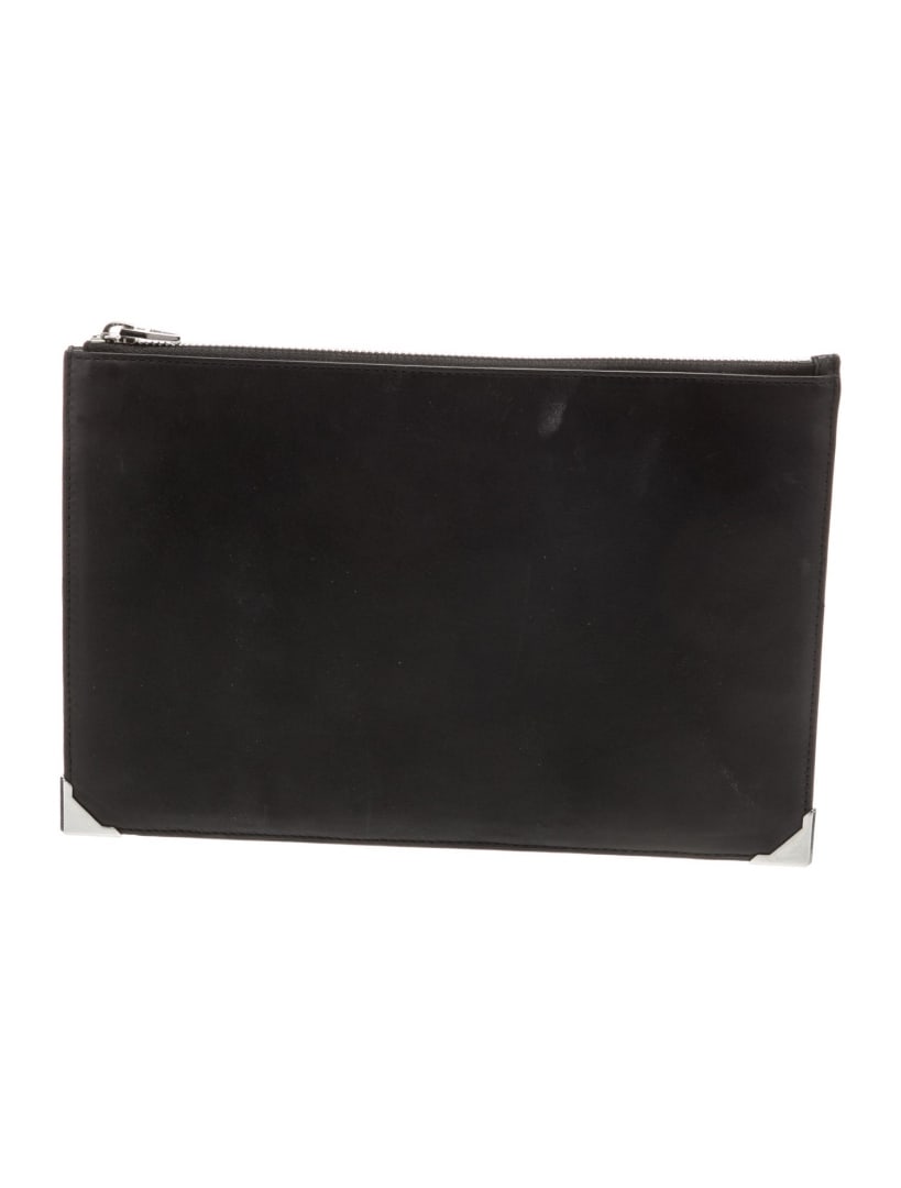 Alexander Wang Black Leather Zip Portfolio: Condition is: very good, pre-owned. Details: black leather, silver-tone hardware, leather lining & dual interior pockets with card slots, zip closure at top, height: 7. 25", width: 10. 75", depth: 0.