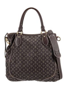 Louis Vuitton Canvas Mini Lin Elegie Top Hdl Bag: Condition is: good, pre-owned. Details: brown canvas, monogram mini lin pattern, brass hardware, leather trim, rolled handles & single adjustable shoulder strap, leather trim embellishment, canvas