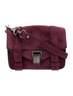 Proenza Schouler Pink Suede Crossbody Bag: Condition is: very good, pre-owned. Details: pink suede, gunmetal hardware, single adjustable shoulder strap, single exterior pocket, logo jacquard lining, turn-lock closure at front, shoulder strap